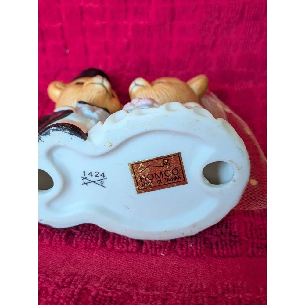 Vintage Homco Teddy Bear Cake Topper Wedding Bride Groom 70s 1424 Top Hat 3.5